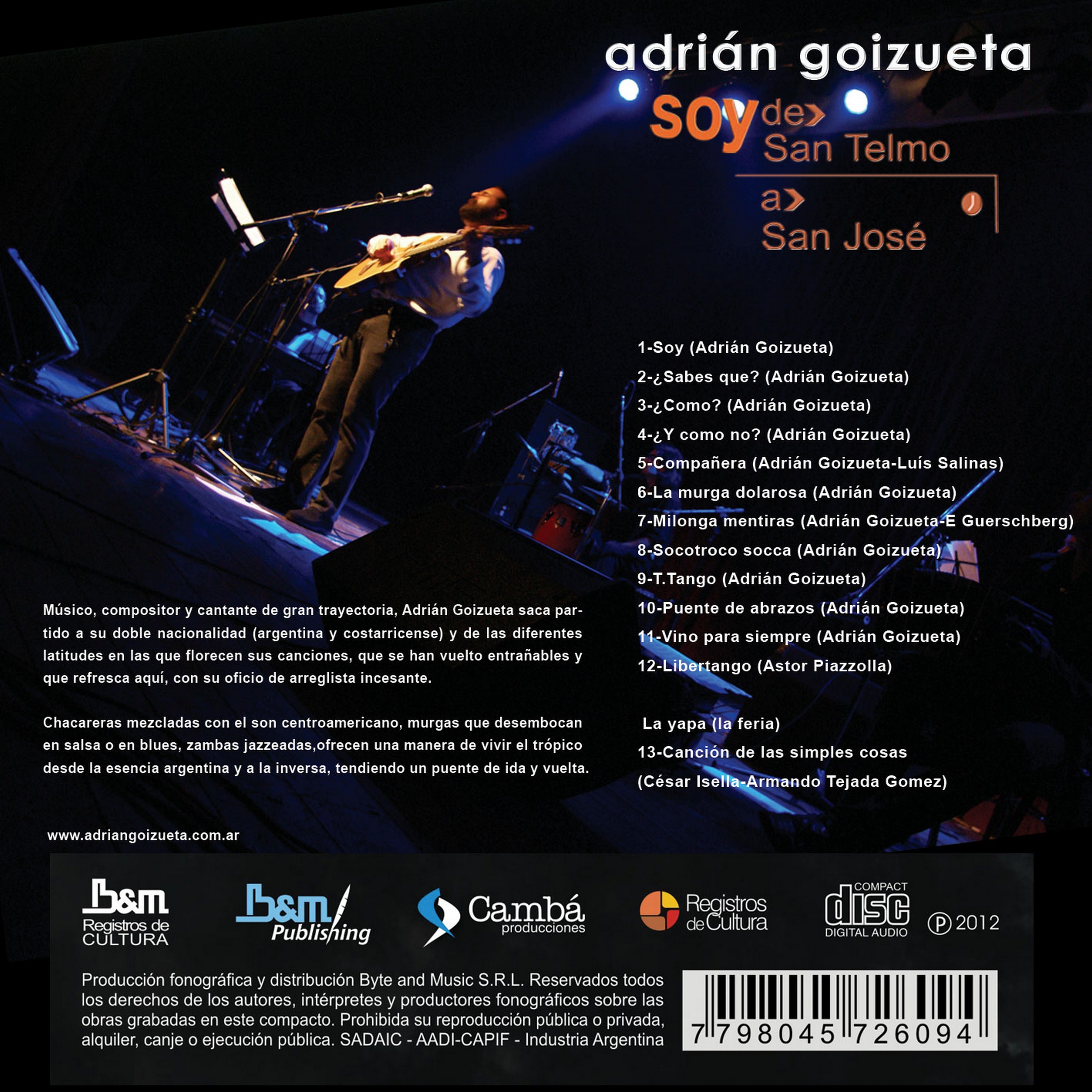Contratapa de Adrián Goizueta — Soy de San Telmo a San José